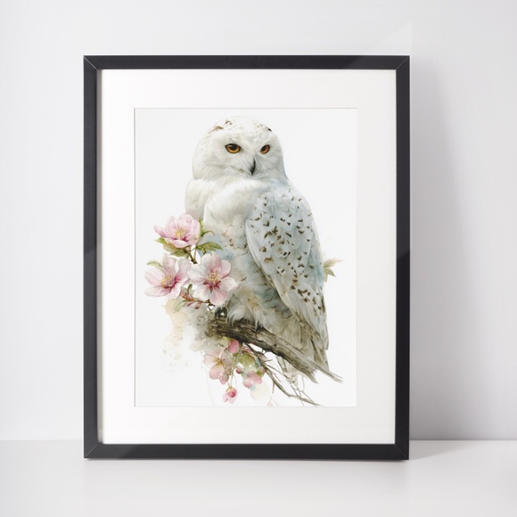 Watercolor Snowy Owl with Flowers Portrait Wall Art Print, Unframed - Enchanting - Picture 3 of 6